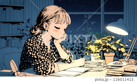 受験勉強とか残業をしている若い女性