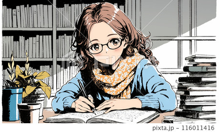 受験勉強とか残業をしている若い女性
