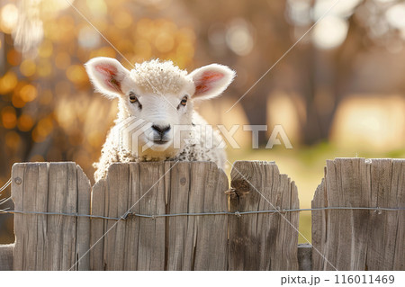 A fluffy white lamb peers over a rustic wooden fence in warm sunlight.. Farm animals. Mammals. A fluffy white lamb peers over a rustic wooden fence in warm sunlight.. Farm animals. Mammals. 116011469