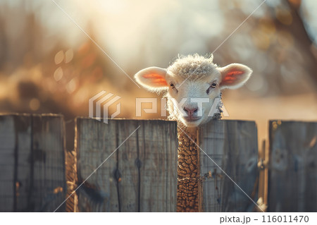 A fluffy white lamb peers over a rustic wooden fence in warm sunlight.. Farm animals. Mammals. A fluffy white lamb peers over a rustic wooden fence in warm sunlight.. Farm animals. Mammals. 116011470
