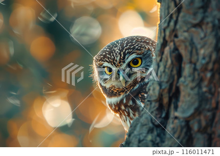 Owl perched on a tree, gazing intently with yellow eyes in warm sunlight. Birds. Wildlife Animals. Owl perched on a tree, gazing intently with yellow eyes in warm sunlight. Birds. Wildlife Animals. 116011471