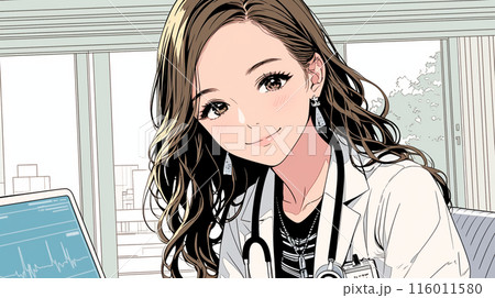 白衣を着て聴診器を首にかけている若い女医