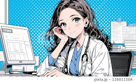 白衣を着て聴診器を首にかけている若い女医