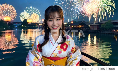 花火大会で笑顔の女性 花火大会で笑顔の女性 116011606