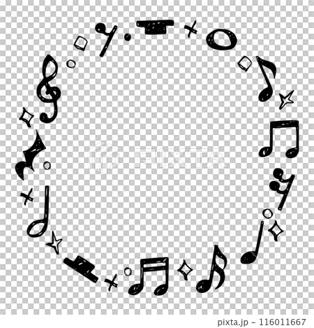 手寫音符符號、音符和休止符的圓形框架 手寫音符符號、音符和休止符的圓形框架 116011667