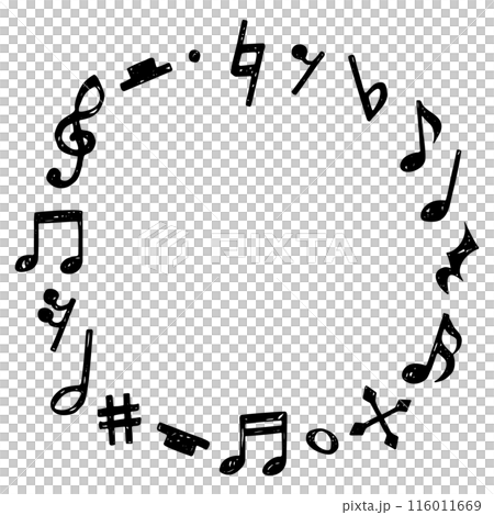 Circular frame of handwritten musical symbols, notes, rests and accidentals 116011669