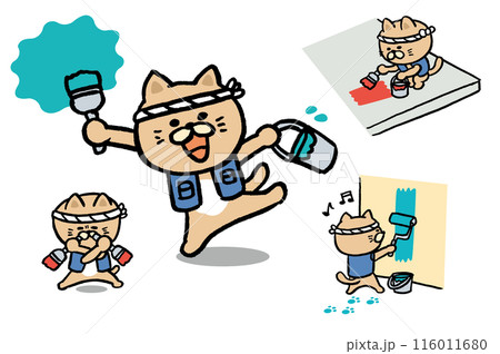きっちり仕事をしそうなペンキ職人のかわいい茶猫のキャライラスト 116011680