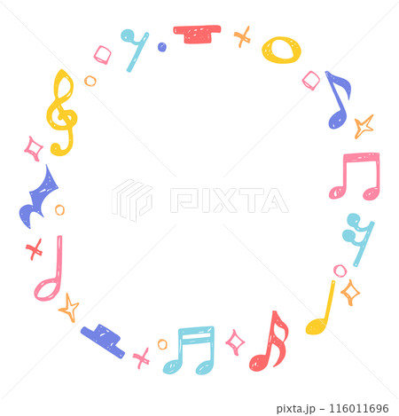 手書きの音符記号の円形フレーム、音符、休符 116011696