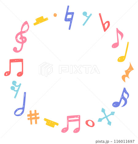 手書きの音符記号の円形フレーム、音符、休符、変化記号 116011697
