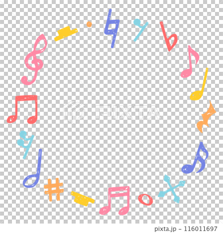 手寫音符符號、音符、休止符和變化符號的圓形框架 116011697