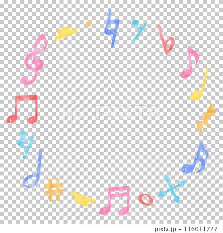 Hand-drawn circular frame of musical notes, notes, rests, accidentals, watercolor colors 116011727