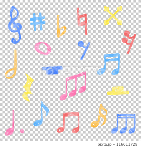 手書きの音符記号のセット、音符、休符、変化記号、水彩カラー 116011729