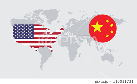 USA and China flag on World map, globe country background, black and white, gray color, vector illustration. 116011731