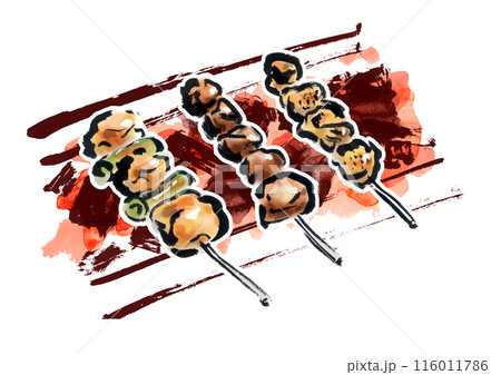 焼き鳥3本を炭火で焼いている手書きの和風筆書きイラスト 116011786