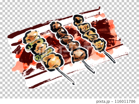 焼き鳥3本を炭火で焼いている手書きの和風筆書きイラスト 116011786