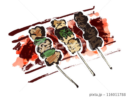 焼き鳥3本を炭火で焼いている手書きの和風筆書きイラスト 116011788