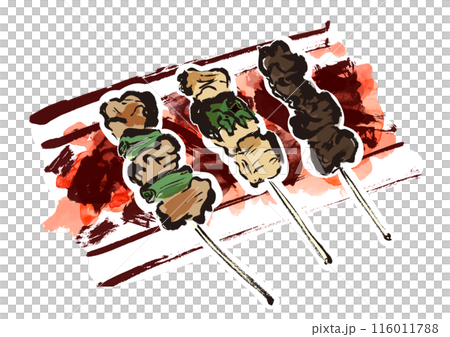 焼き鳥3本を炭火で焼いている手書きの和風筆書きイラスト 116011788