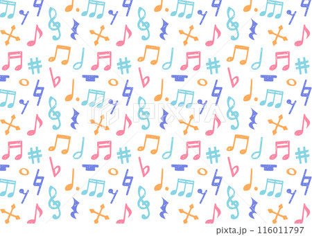 手書きの音符記号のパターン、音符、休符、変化記号 手書きの音符記号のパターン、音符、休符、変化記号 116011797