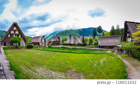 Panorama Traditional and Historical Japanese village Shirakawago in Gifu Prefecture Japan, Gokayama has been inscribed on the UNESCO World Heritage List due to its traditional Gassho-zukuri houses Panorama Traditional and Historical Japanese village Shirakawago in Gifu Prefecture Japan, Gokayama has been inscribed on the UNESCO World Heritage List due to its traditional Gassho-zukuri houses 116011832