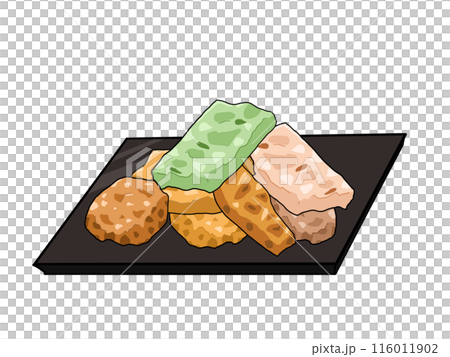 Illustration of rice crackers served on a plate 116011902