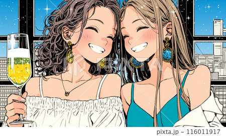 女子会：気の合う女友達が集まり、酒を交わし、おいしい食事をしながら、仕事の話や恋バナをしている