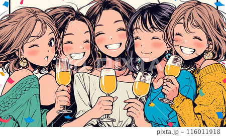 女子会：気の合う女友達が集まり、酒を交わし、おいしい食事をしながら、仕事の話や恋バナをしている