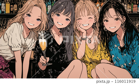 女子会：気の合う女友達が集まり、酒を交わし、おいしい食事をしながら、仕事の話や恋バナをしている