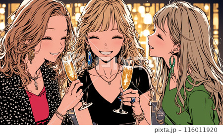 女子会：気の合う女友達が集まり、酒を交わし、おいしい食事をしながら、仕事の話や恋バナをしている