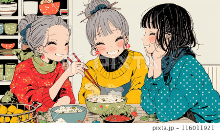 女子会：気の合う女友達が集まり、酒を交わし、おいしい食事をしながら、仕事の話や恋バナをしている