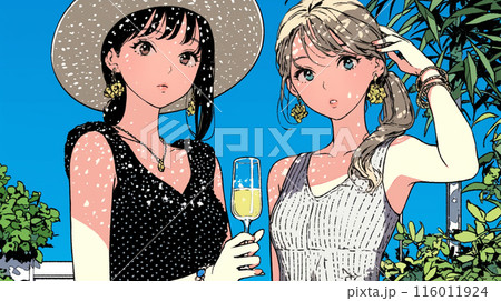 ランチ女子会：気の合う女友達が集まり、酒を交わし、おいしい食事をしながら、仕事の話や恋バナをしている