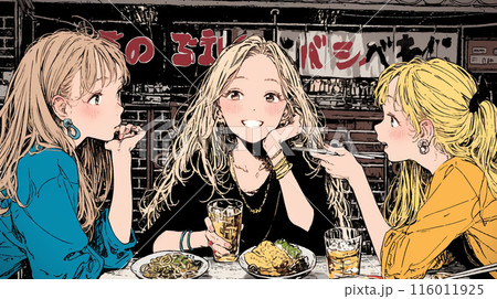 女子会：気の合う女友達が集まり、酒を交わし、おいしい食事をしながら、仕事の話や恋バナをしている