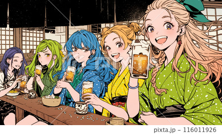 女子会：気の合う女友達が集まり、酒を交わし、おいしい食事をしながら、仕事の話や恋バナをしている