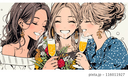 女子会：気の合う女友達が集まり、酒を交わし、おいしい食事をしながら、仕事の話や恋バナをしている