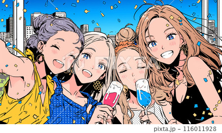 女子会：気の合う女友達が集まり、酒を交わし、おいしい食事をしながら、仕事の話や恋バナをしている