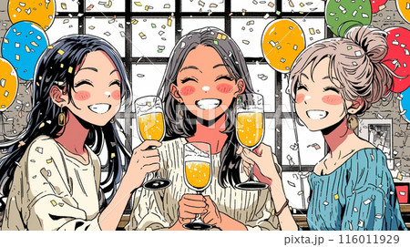 女子会：気の合う女友達が集まり、酒を交わし、おいしい食事をしながら、仕事の話や恋バナをしている