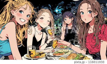 女子会：気の合う女友達が集まり、酒を交わし、おいしい食事をしながら、仕事の話や恋バナをしている