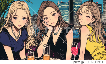 女子会：気の合う女友達が集まり、酒を交わし、おいしい食事をしながら、仕事の話や恋バナをしている