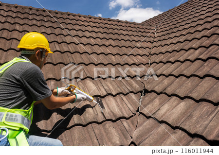 Worker man using silicone sealant adhesive  to fix crack of the old tile roof. 116011944
