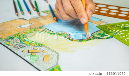 Landscape architect student learning garden plan design by hand drawing. Landscape architect student learning garden plan design by hand drawing. 116011951