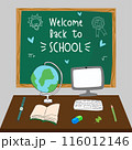 Illustration of classroom supplies on a desk with a "Welcome Back to School" chalkboard in the background. 116012146