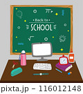 Illustration of classroom supplies on a desk with a "Welcome Back to School" chalkboard in the background. 116012148