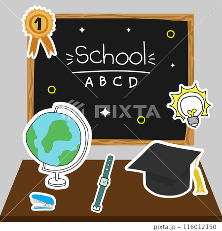 Illustration of classroom supplies on a desk with a "Welcome Back to School" chalkboard in the background. 116012150