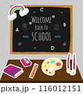 Illustration of classroom supplies on a desk with a "Welcome Back to School" chalkboard in the background. 116012151