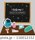 Illustration of classroom supplies on a desk with a "Welcome Back to School" chalkboard in the background. 116012152