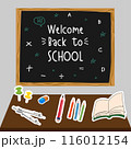Illustration of classroom supplies on a desk with a "Welcome Back to School" chalkboard in the background. 116012154