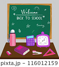 Illustration of classroom supplies on a desk with a "Welcome Back to School" chalkboard in the background. 116012159