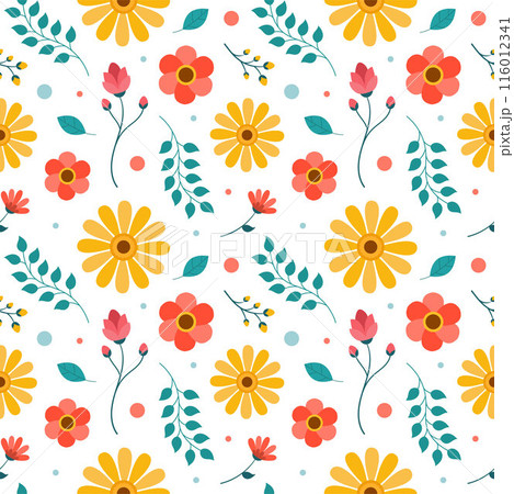 Floral Seamless Pattern Design Illustration with Blooming Branches and Leaf Flower in Hand-Drawn Cartoon Style Template 116012341