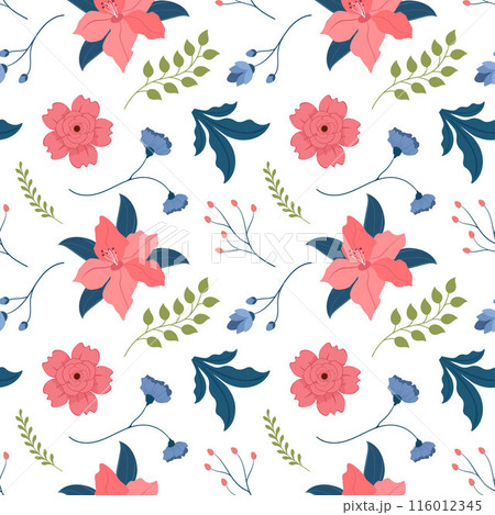 Floral Seamless Pattern Design Illustration with Blooming Branches and Leaf Flower in Hand-Drawn Cartoon Style Template 116012345