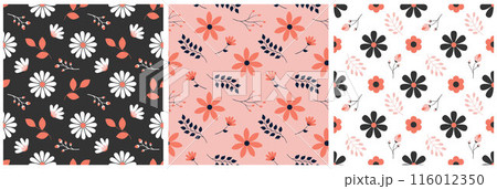 Floral Seamless Pattern Design Illustration with Blooming Branches and Leaf Flower in Hand-Drawn Cartoon Style Template 116012350