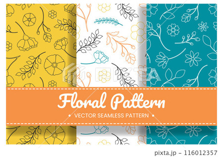 Floral Seamless Pattern Design Illustration with Blooming Branches and Leaf Flower in Hand-Drawn Cartoon Style Template 116012357